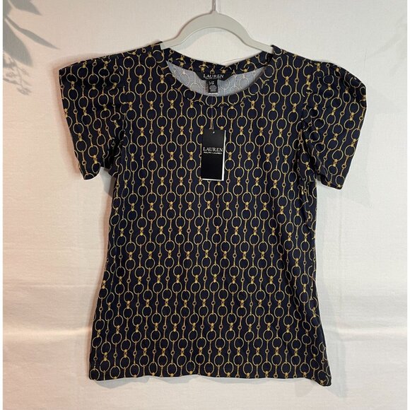 Lauren Ralph Lauren Women's S Short Sleeve Top Navy/Gold Chain Print - Picture 1 of 10